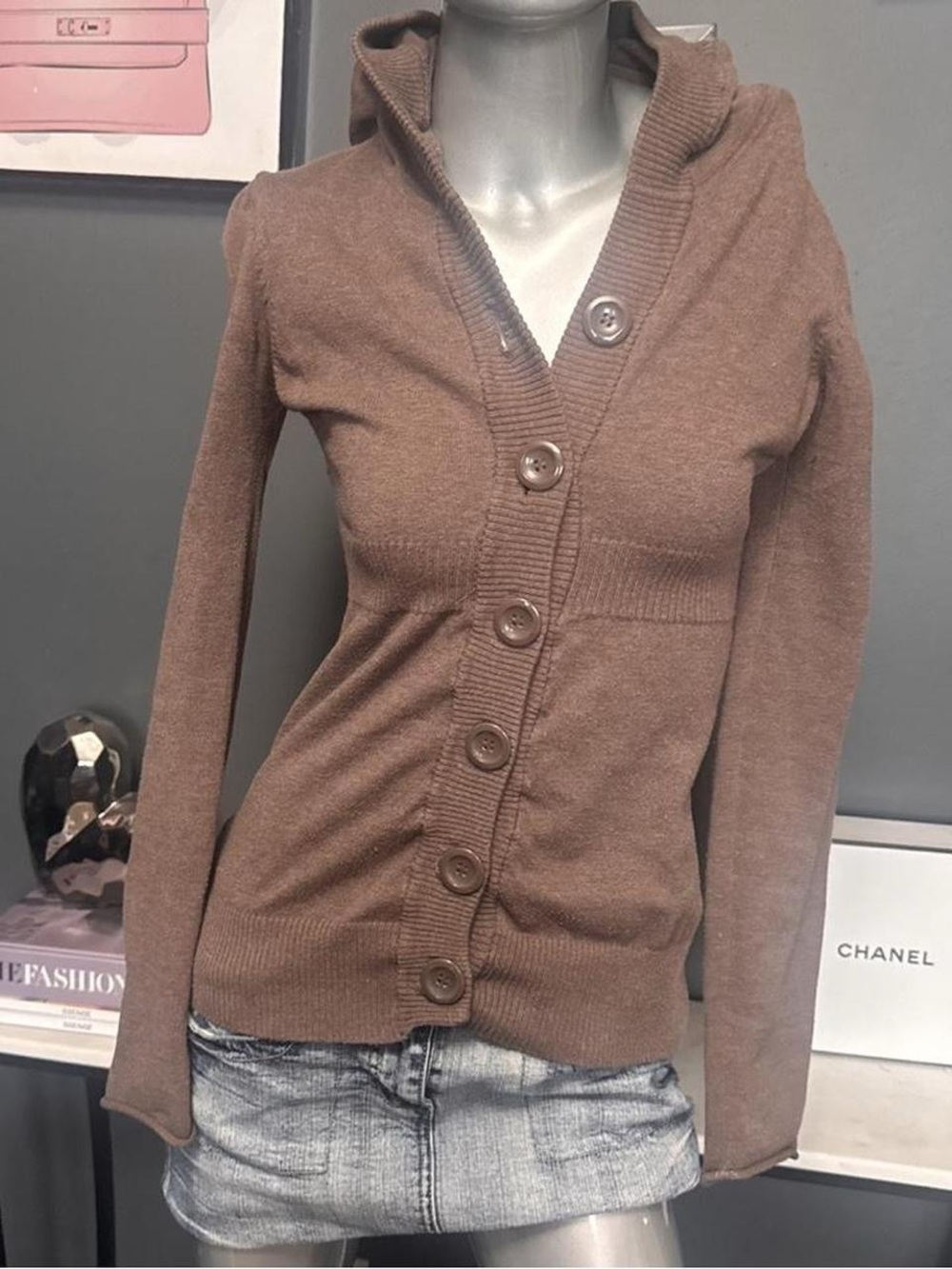 ❌SOLD❌Y2K Baby Doll Cinch Hooded Brown Cardigan Sweater - Picture 2 of 5